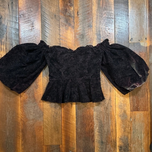 Parker Tops - Parker Black Burgundy Lace Off Shoulder Puff Sleeve Peplum Top Size Small